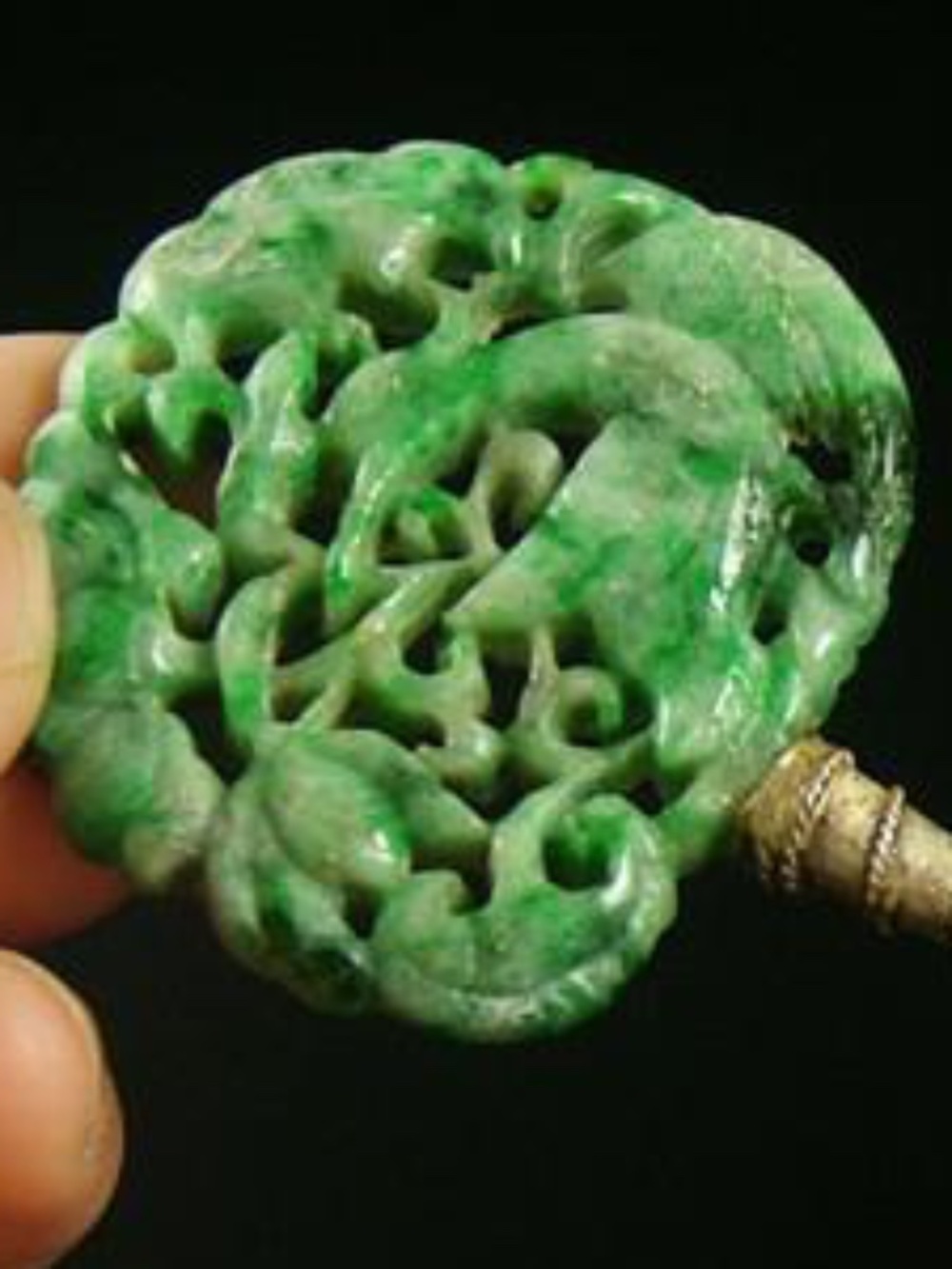 Antique Old Chinese Silver Carved Jadeite Jade Hair Pin Qing Dynasty